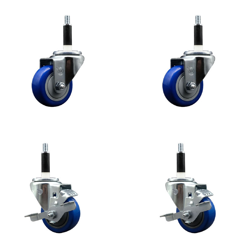 Ensemble de roulettes à tige extensible pivotante en acier inoxydable 3 pouces 7/8 pouces 2 roues SCC, Bleu