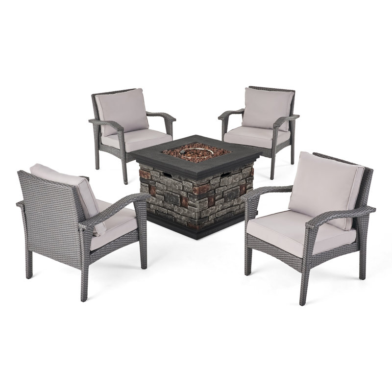 Trujillo 4 - Person Patio Conversation Set with Firepit and Cushions, Gray Frame / Light Gray Cushion