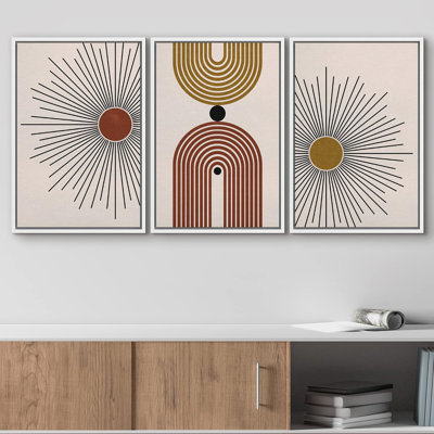 Linear Geometry " Brown And Yellow Shining Sun And Polygons Abstract Shapes Illustrations Modern Art Boho Colourful " 3 - Pieces