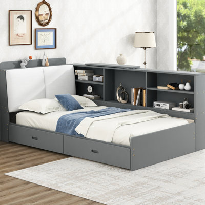 Lit plateforme simple en bois avec rangement pour tête de lit, tablettes, 2 tiroirs, tête de lit à rangement gris, aspect classique