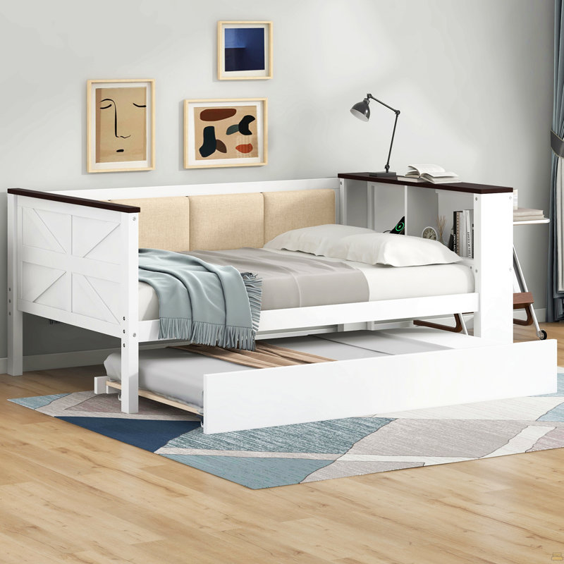 Lit de jour simple en bois avec tablettes de rangement, dossier rembourré, port USB et lit gigogne, Lit simple