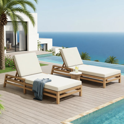 Chaise longue d'extérieur en bois massif 80 po avec coussins épais, ensemble de 2 fauteuils de patio réglables à 5 positions (ensemble de 2)