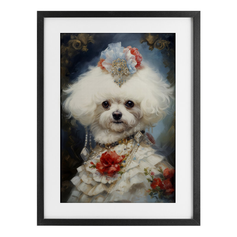 Bichon Frise Victorian Era Framed Print Under Glass, design by Wumples, 20" H x 14" W, Midnight Black Frame