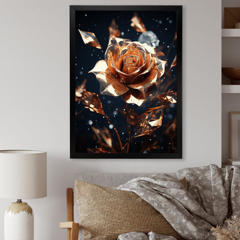 Art mural doré doré et roses noires II - rose, Cadre simple noir, H 32 po x l 24 po x P 1 po