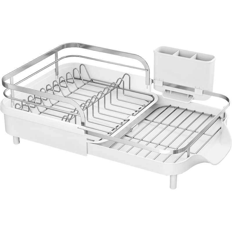 Égouttoir de cuisine blanc extensible, résistant à la rouille et robuste, avec fente pour couverts et garde-corps surélevé pour un rangement plus sûr.