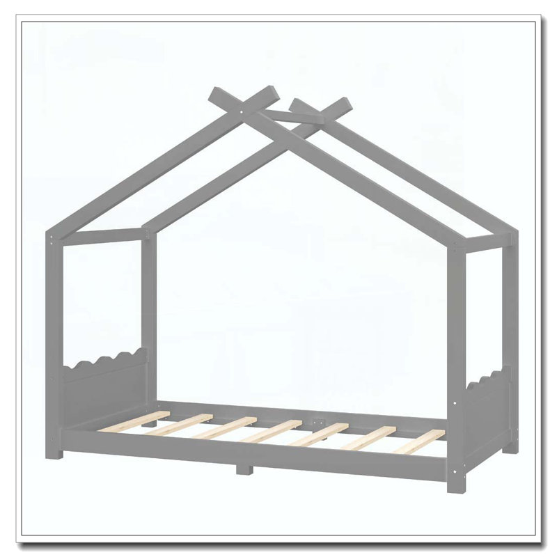 Lit de maison avec lattes de soutien, cadre de lit en bois massif pour enfants, aucun sommier et ouverture, Lit simple, Gris