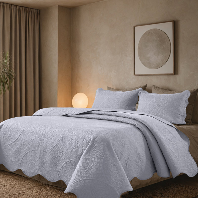 Floral Embossed Microfiber Quilted Bedspread Set, Silver, Queen Coverlet/Bedspread + 2 Standard Pillowcases
