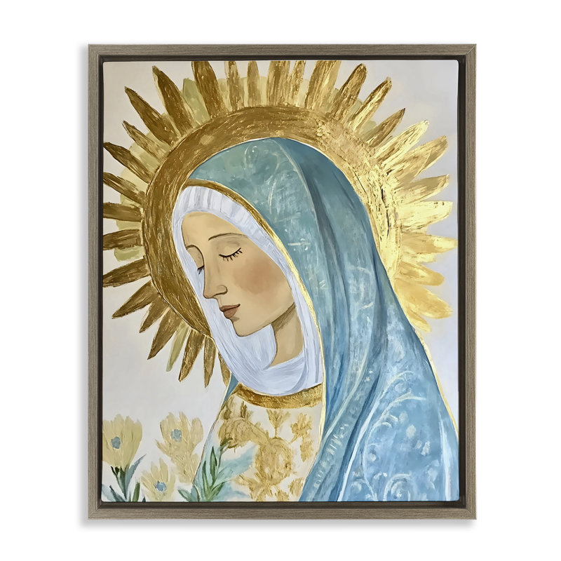 Sainte Marie dans un cadre flottant doré, design par Franklyn Gregory, Cadre flottant orme Montalcino, H 21 po x l 17 po