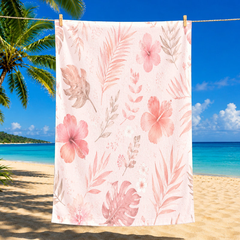 1 serviette de plage à motif floral tropical, imprimé d'hibiscus et de feuilles, microfibre à séchage rapide pour piscine, voyage, salle de sport, conception artistique en bord de mer.