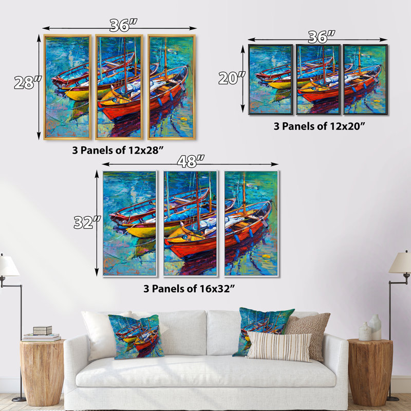 Trois bateaux dans le port - 3 pièces, reproduction sur toile, H 20 po x l 36 po, Blanc