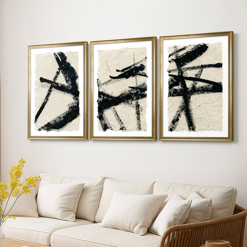 Lines Crossed I - Toile tendue avec châssis sur mesure - 3 pièces, H 27 po x l 39 po