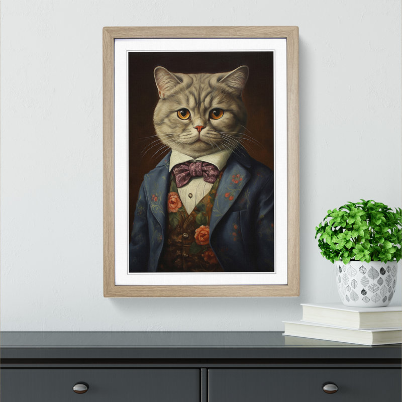 Cat In A Suit Painting No.3 - Single Picture Frame Print on Wood, Oak Framed, 46cm H x 34cm W x 2cm D