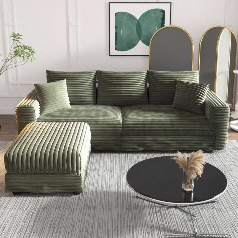82.7" L-Shaped Corduroy Sectional Sofa Upholstered 3-Seat Cloud Couch with Ottoman, Convertible Design, 1000 lb Capacity, Plush Deep Seating & Soft Pillows
