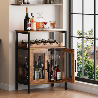  Armoire à vin avec porte-bouteilles détachable, porte-café avec porte-verre, petit buffet et armoire avec porte grillagée, brun rustique (brevet en instance)