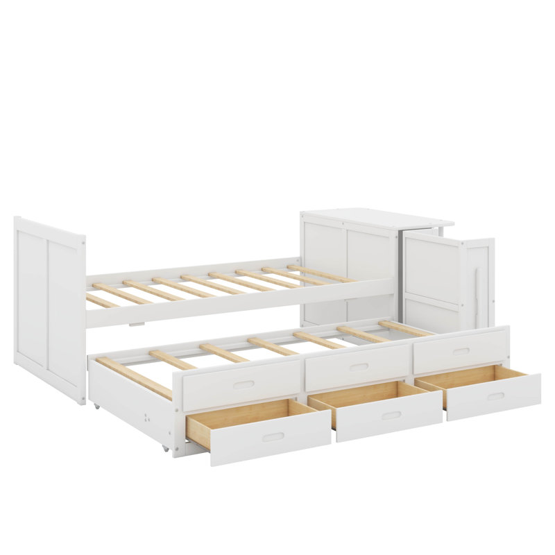 Lit plateforme simple en bois avec bureau et tablette de rangement, Blanc