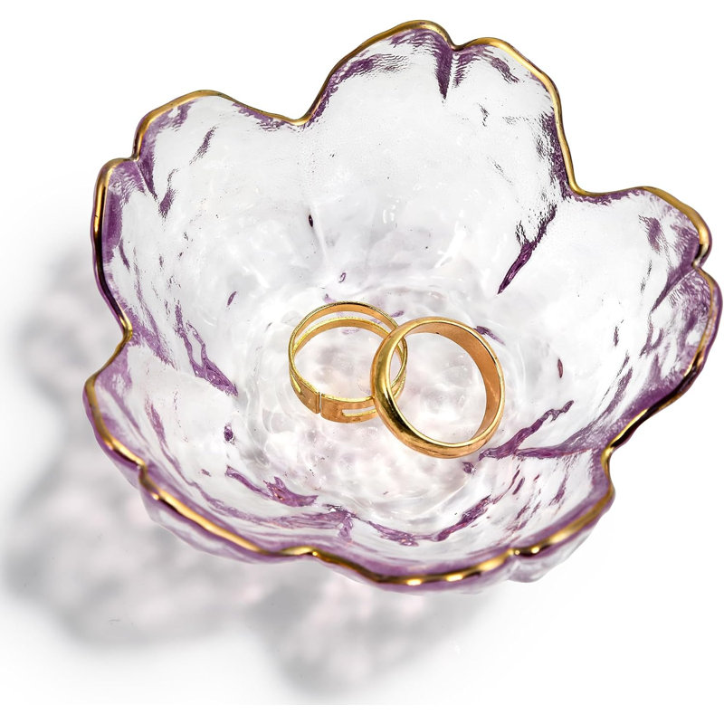 Plat à bijoux en verre mauve à bordure dorée