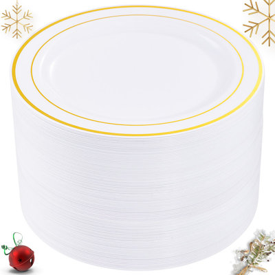 WELLIFE 60pcs Gold Plastic Plates,10.25 inch Gold Rimmed Dinner Plates , White Disposable Plates , Perfect for Parties or Wedding