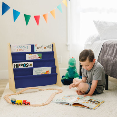Wildkin Wooden Sling Bookshelf for Kids – Premium Canvas Design with 4 Fabric Shelves, Organizer for Home or Classroom - Natural w/ Dark Blue