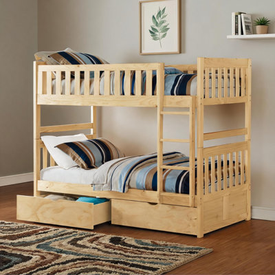 Solid Wood Twin Over Twin Bunk Bed for Children’s Bedroom, Transitional Style with Storage and Safety Features