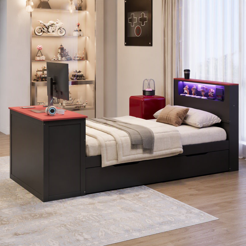 Lit de jour en bois pleine grandeur avec lit gigogne simple, bureau, lumière DEL et USB, noir et rouge, Full / Double