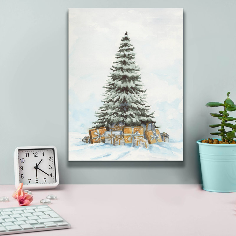  «Snowy Pine with Metallic Presents» par Anika Goodhue, art mural sur toile, 12 po x 16 po, H 16 po x l 12 po