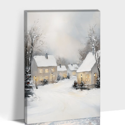 Grand paysage de Noël d'hiver, art mural sur toile, maisons de village enneigées, peinture de scène d'hiver, affiche des Fêtes, œuvre d'art rétro sur toile de décoration de Noël pour le salon, 28 po x 40 po