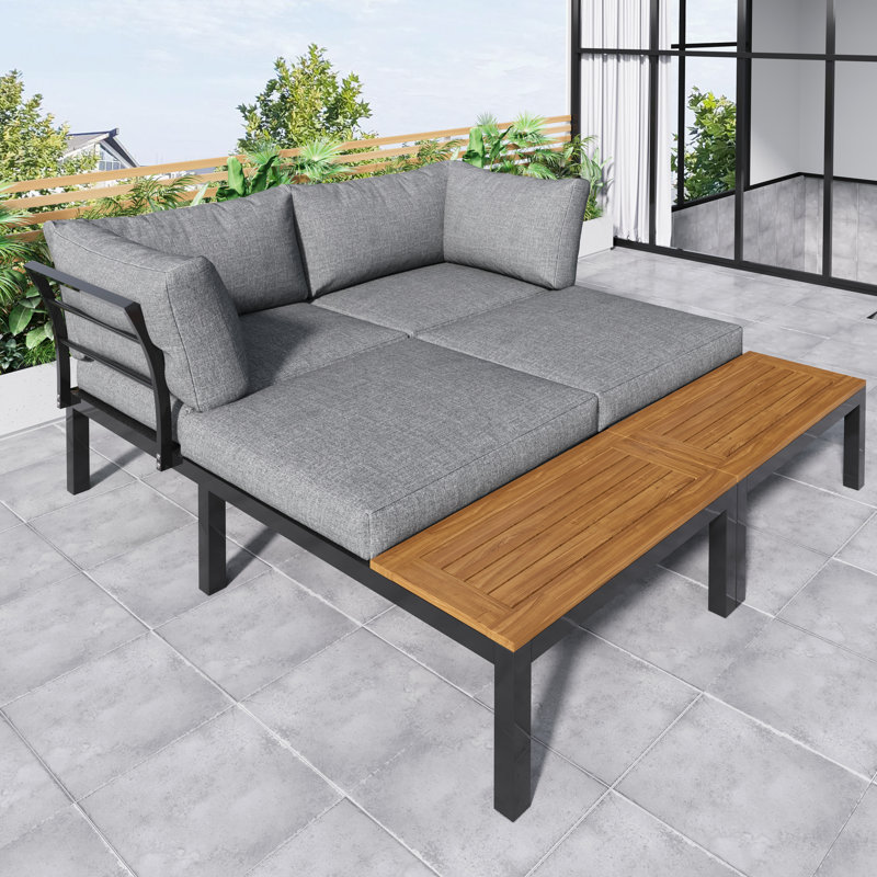 Outdoor Edgecomb Powder Coated Steel 4 - Person Seating Group with Cushions, Black/Brown, Grey