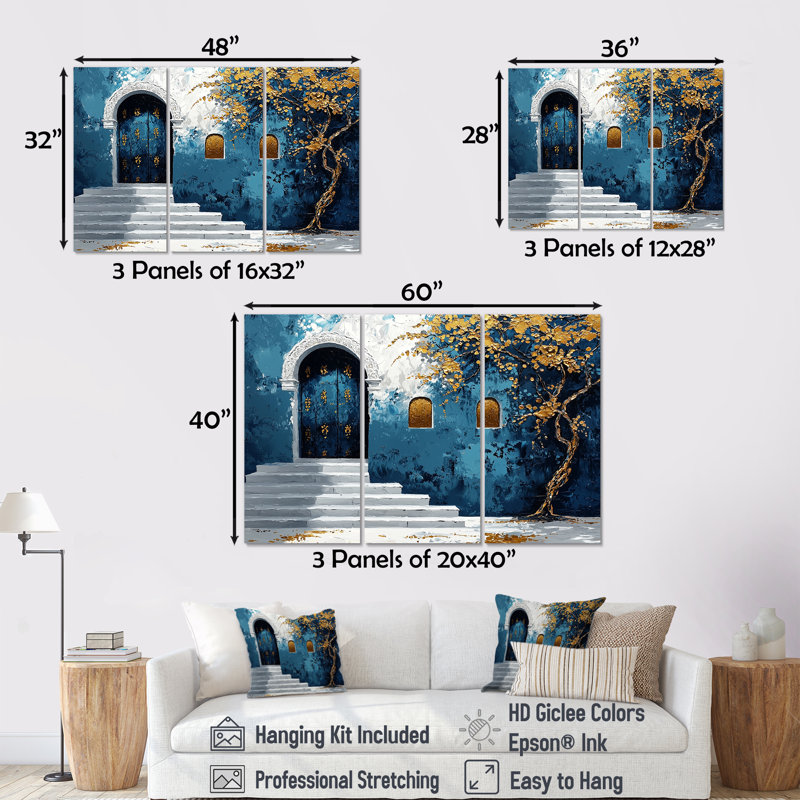 Ensemble de salon art marocain marocain bleu doré Rabat Kasbah II, Toile tendue, H 40 po x l 60 po x P 1 po