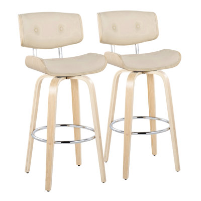 30" Mid-Century Modern Fixed-Height Barstool With Swivel In Natural Wood And Cream Faux Leather With Round Chrome Metal Footrest By  - Set Of 2