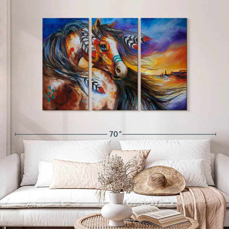 Cheval de guerre indien 5 plumes Brampt, H 32 po x l 50 po