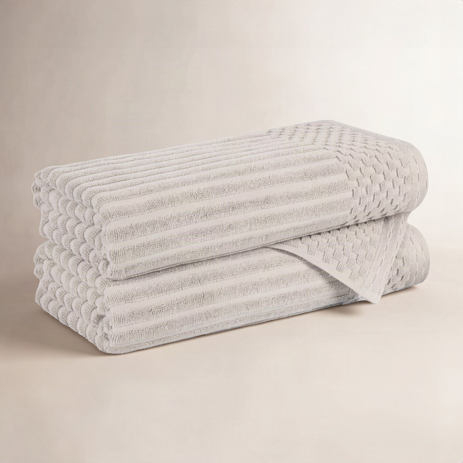 Ruvins Checkered Border Cotton Bath Towel Set, Silver