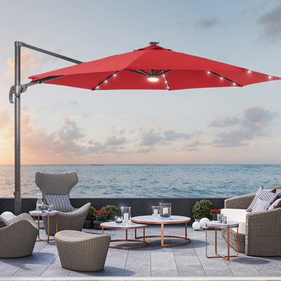 Luxury Shade: 10FT LED Cantilever Umbrella with Solution-Dyed Fabric, Aluminum Frame, and 360° Rotation