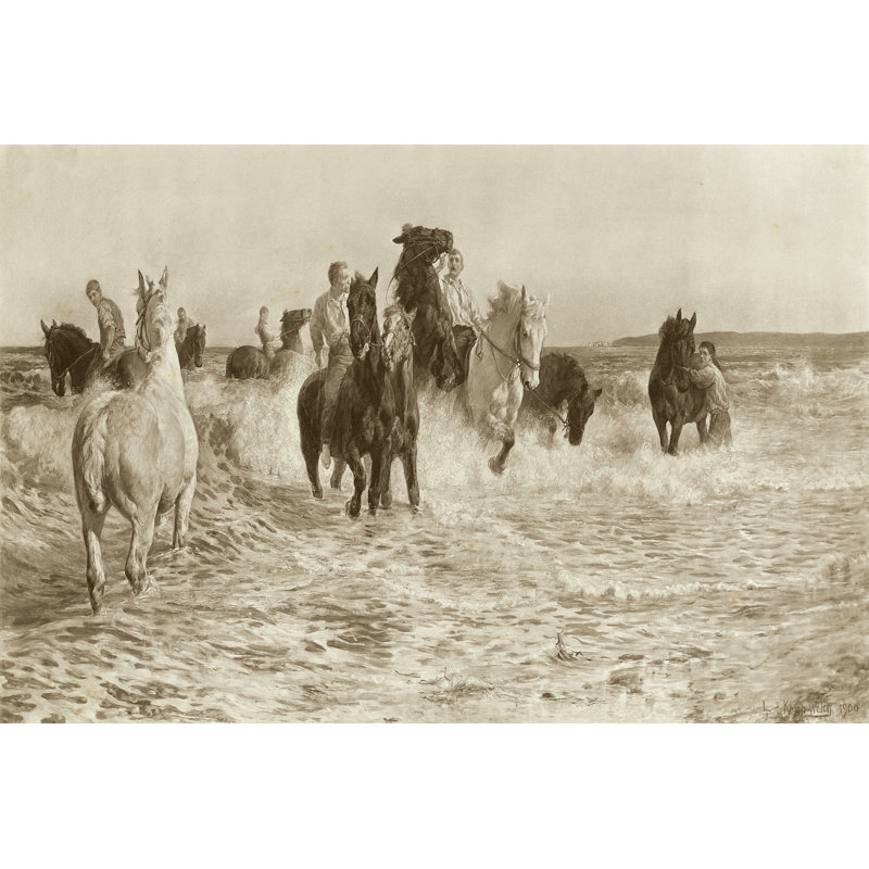 Horses Bathing by L. Kemp-Welch - Wrapped Canvas Print, 30cm H x 46cm W
