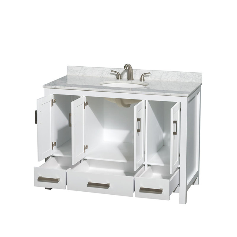 Meuble-lavabo simple autoportant avec plateau en marbre Sheffield, Marbre blanc Carrera, Blanc