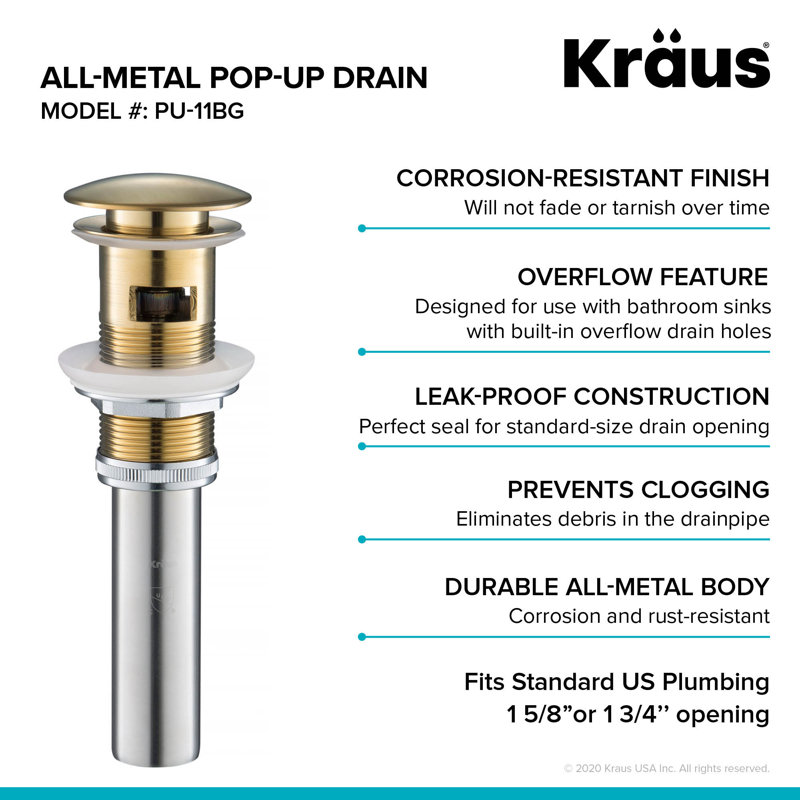 Brushed Gold Brass Pop-Up Bathroom Sink Drain with Overflow