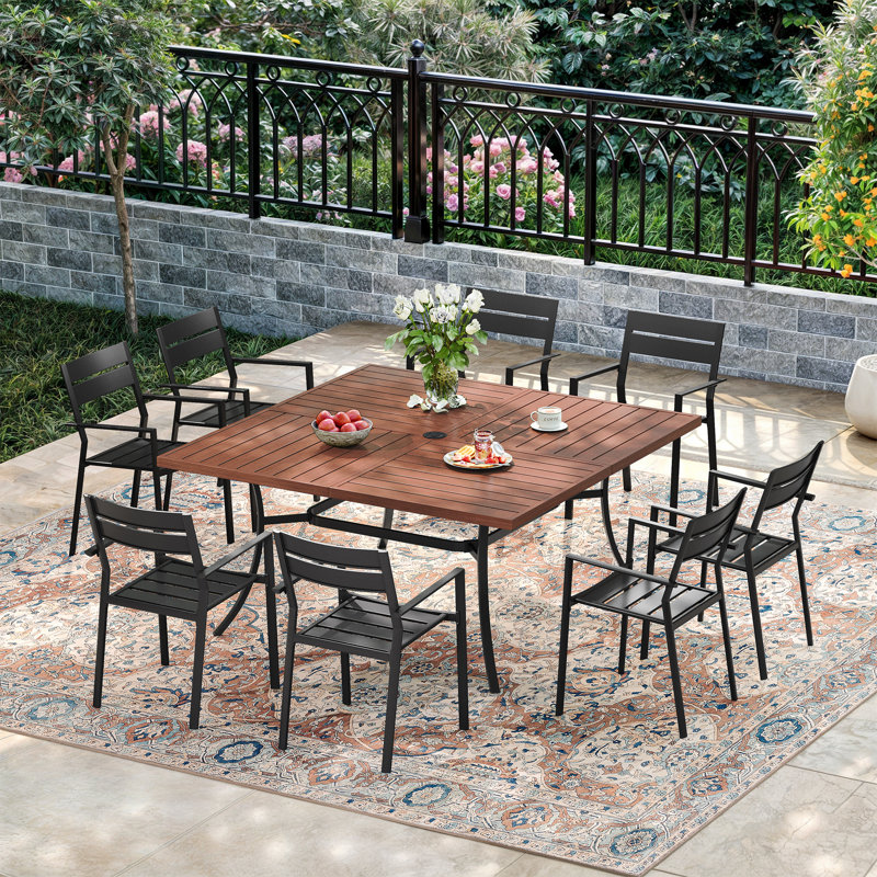 Ensemble repas extérieur pour 8 personnes avec chaises empilables, Noyer / noir