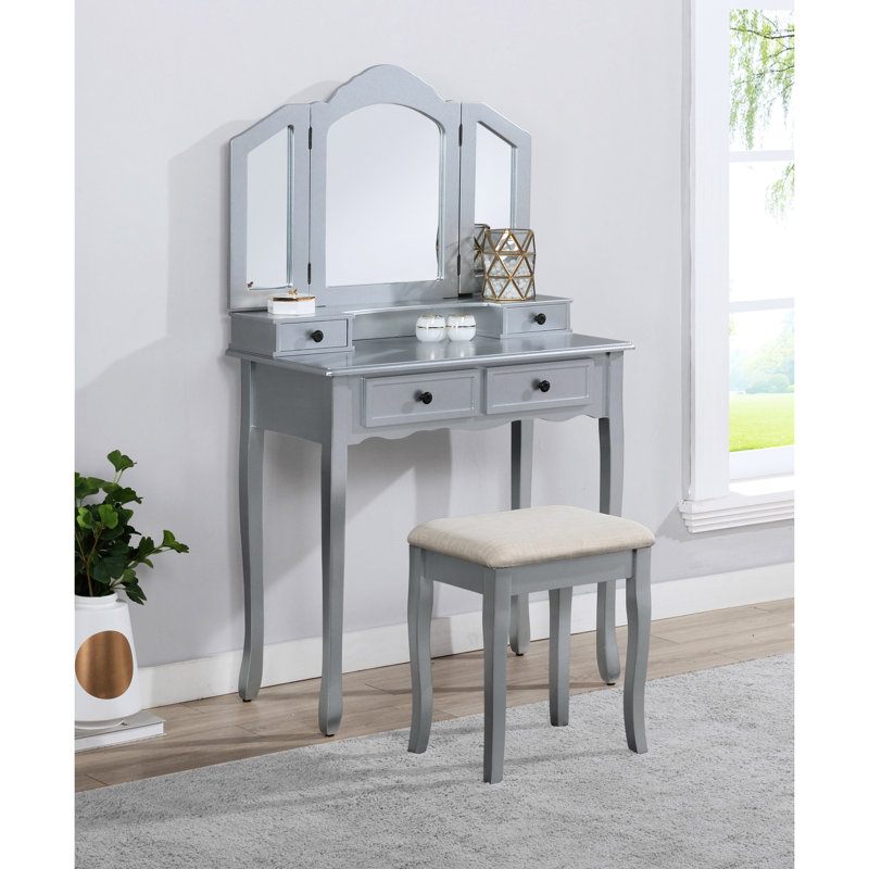 Coiffeuse en bois argentée - Table de maquillage avec rangement pour accessoires et quatre tiroirs et miroir