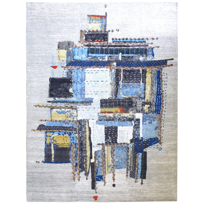 Tapis beige nouvel âge en laine tissé à la main de conception unique 9 pi x 12 pi