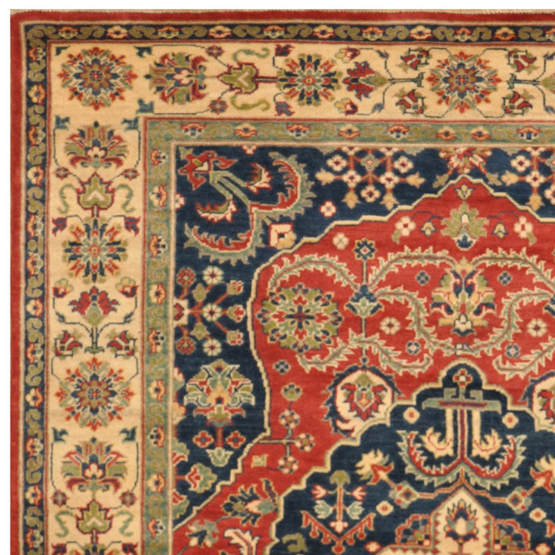 Tapis unique en laine noué à la main bleu marine Kazak de 5 pi 9 po x 7 pi 6 po Luetricia