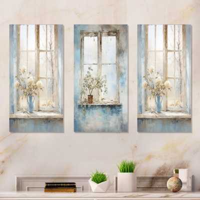 White And Blue Minimalism Floral Windows Charm I - Farm Windows Wall Art Living Room Set Of 3