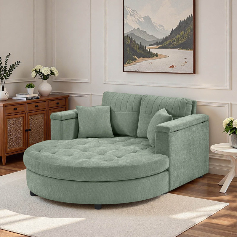 Méridienne courbée surdimensionnée de 54,7 po avec accoudoirs de rangement et 2 coussins décoratifs, Vert