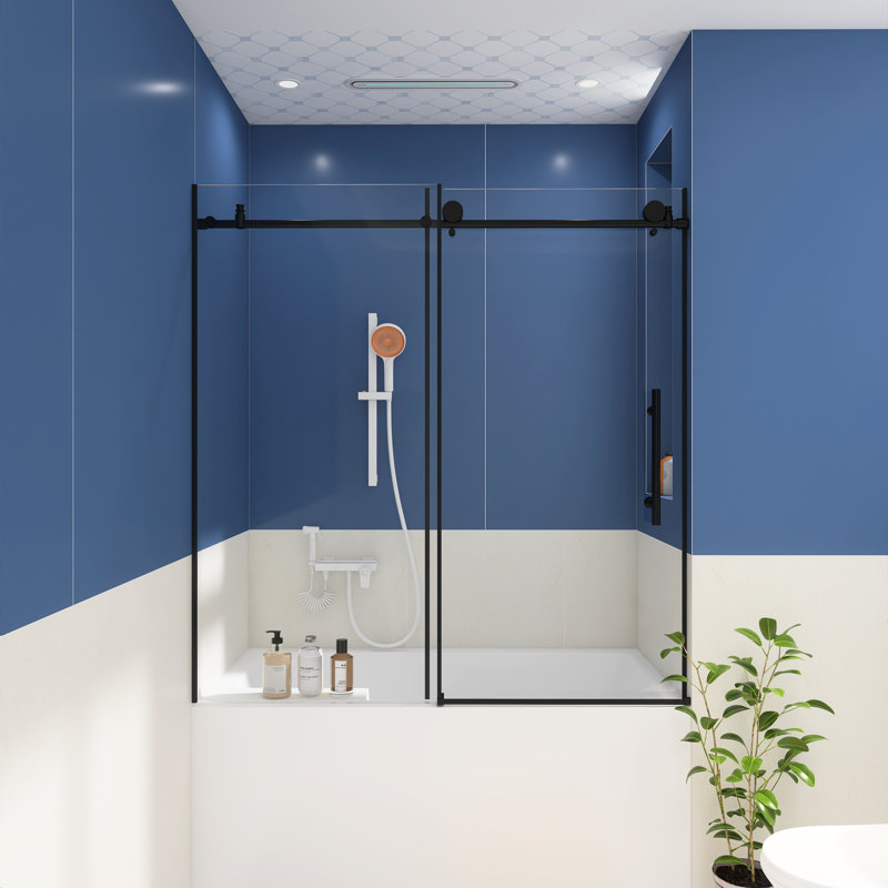 Porte de douche sans cadre l 56 à 60 po x H 60 po en noir mat, Noir mat