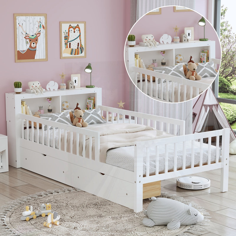 2 Drawers Bed With Bookcase Headboard And Guardrails, White