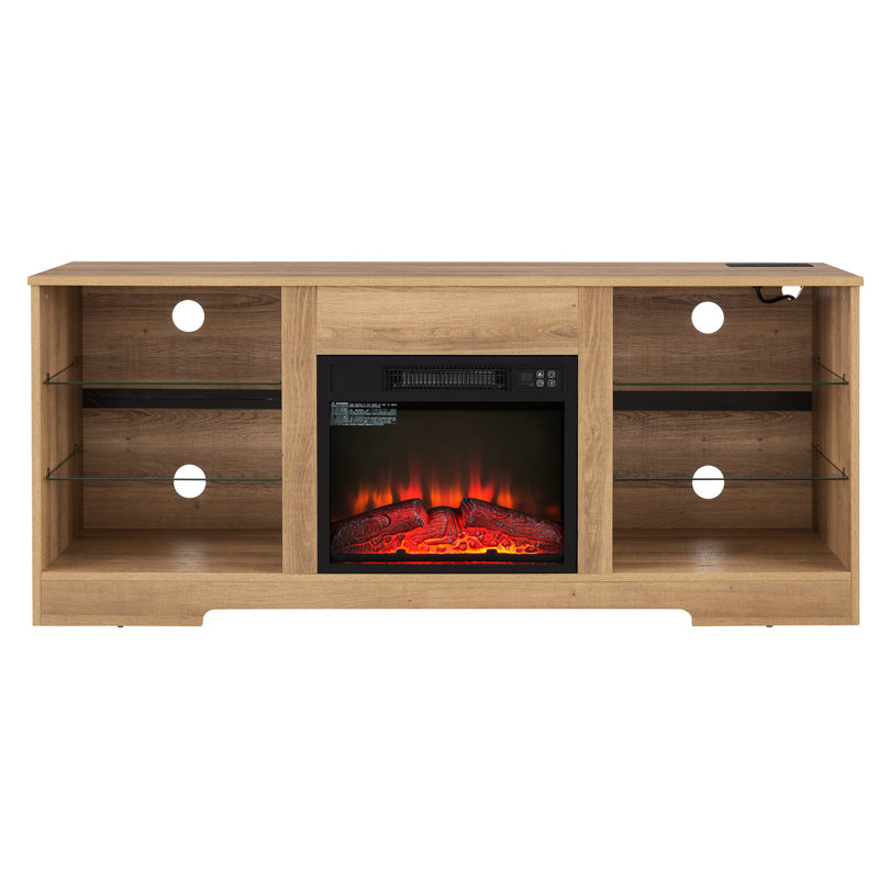 Meuble télé 58 po avec foyer électrique, chêne, pour téléviseur de 60 à 69 po, présentoir à flamme réglable, console en verre 7 couleurs, chargement, téléviseur 60 à 69 po, chêne de 58 po