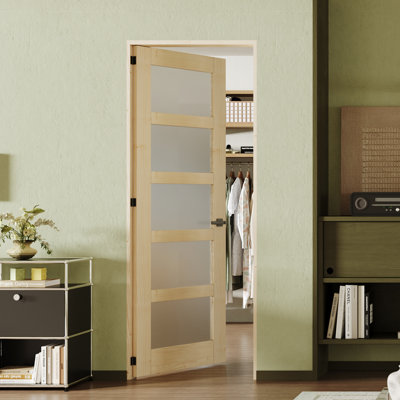 Pantry Door 5 Lite Frosted Glass Pine Solid Wood Interior Prehung Door With Door Frame and Handles