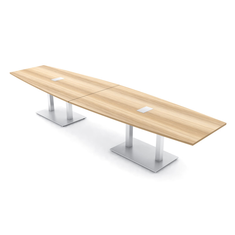 Table de conférence en forme de bateau avec base en métal double | Unité électrique, L 168 po x l 48 po, Blond blond cendré