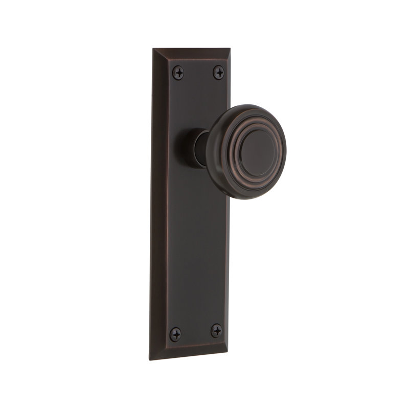 New York Plate with Deco Door Knob, Timeless Bronze, 2 3/4