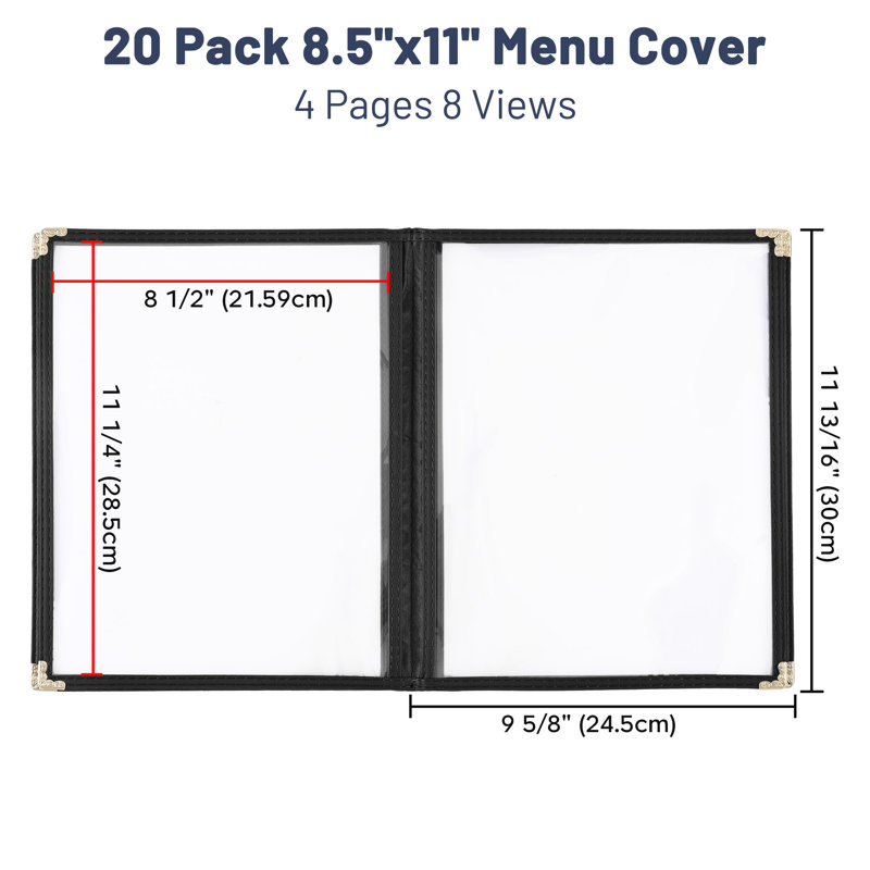 Paquet de 20 pochettes pour menu de restaurant WeChef 8,5 x 11 po style livre 4 pages 8 vues PVC transparent, Noir