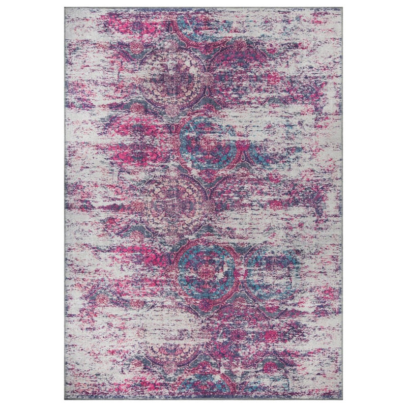Tapis rose / bleu / gris en polyester tissé à la machine Deramo Ikat, Rectangle 7 pi 7 po x 10 pi 10 po