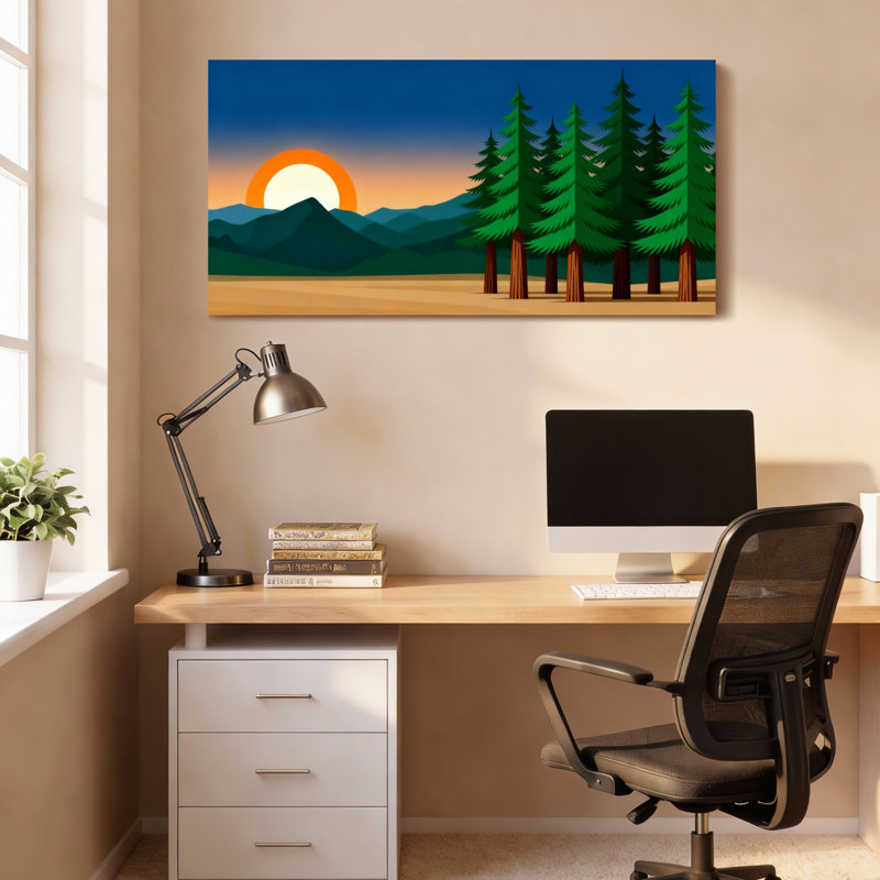 Ensemble de 1 tableau sur toile tendue représentant une forêt de pins au coucher du soleil en montagne, H 24 po x l 48 po